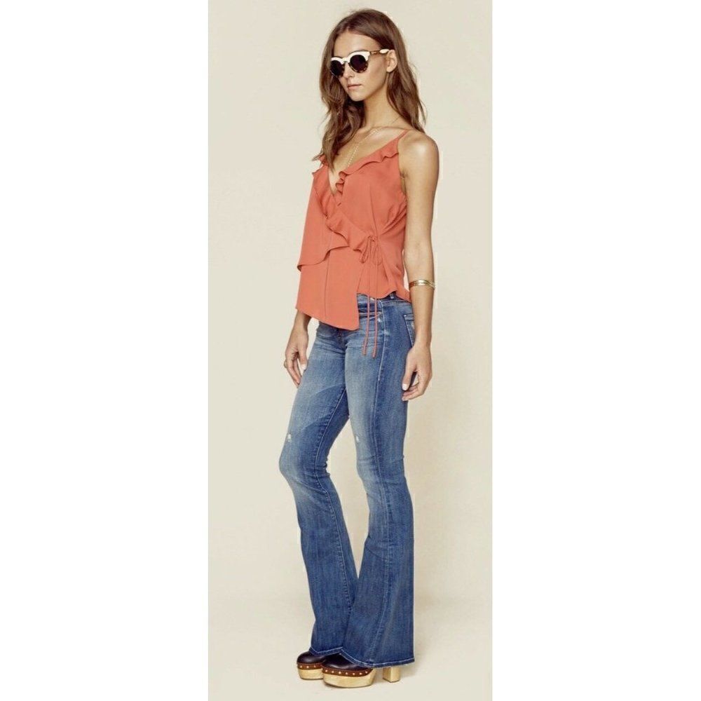 NWT L' ACADEMIE SZ M THE RUFFLE CAMI WRAP TOP IN RED ORANGE - Picture 3 of 4